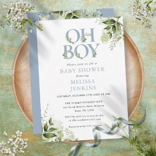Invitation Oh Boy Botanical Greenery Dusty Blue Baby shower