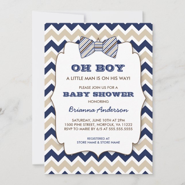 Invitation OH BOY Bowtie baby shower / marine brun chevron br (Devant)