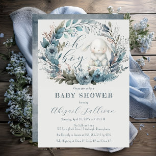 Invitation Oh Boy Bunny Rabbit Blue Floral Wreath Baby Shower