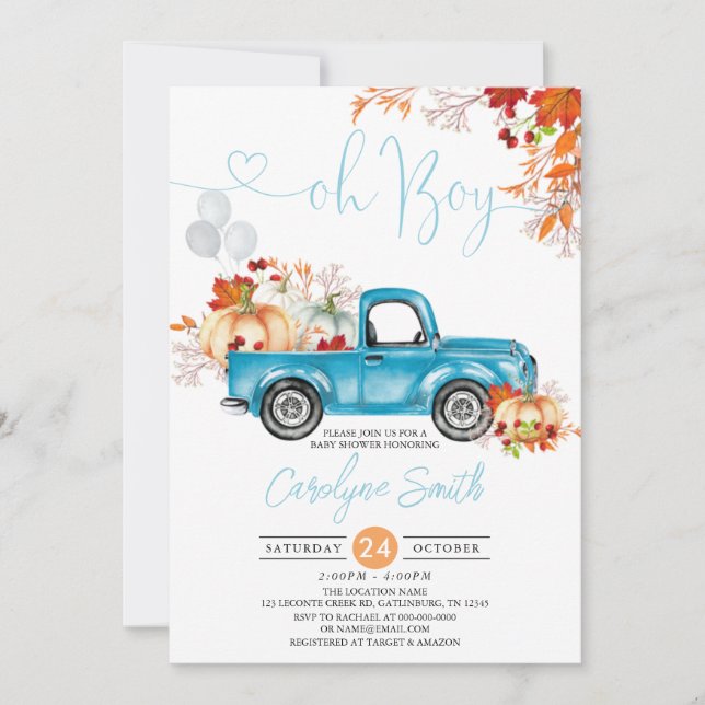 Invitation Oh Boy Citrouille Blue Truck Baby shower d'automne (Devant)