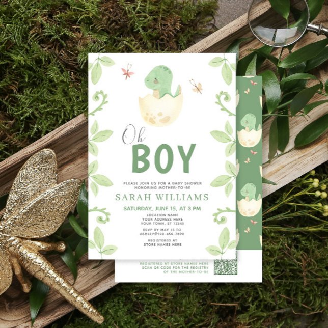 Invitation Oh Boy Code QR Dinosaure Vert Mignon Baby Shower (Créateur téléchargé)