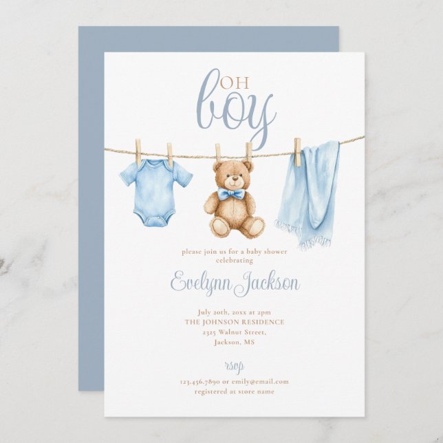 Invitation Oh Boy Cute Blue Clothesline Baby Shower (Devant / Derrière)