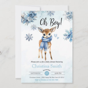 Invitation Oh Boy Cute Blue Deer Snowflake Baby Boy douche