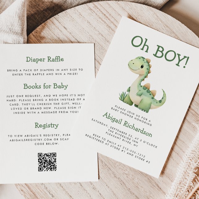 Invitation Oh Boy Cute Green Dinosaur QR Code Baby shower (Créateur téléchargé)