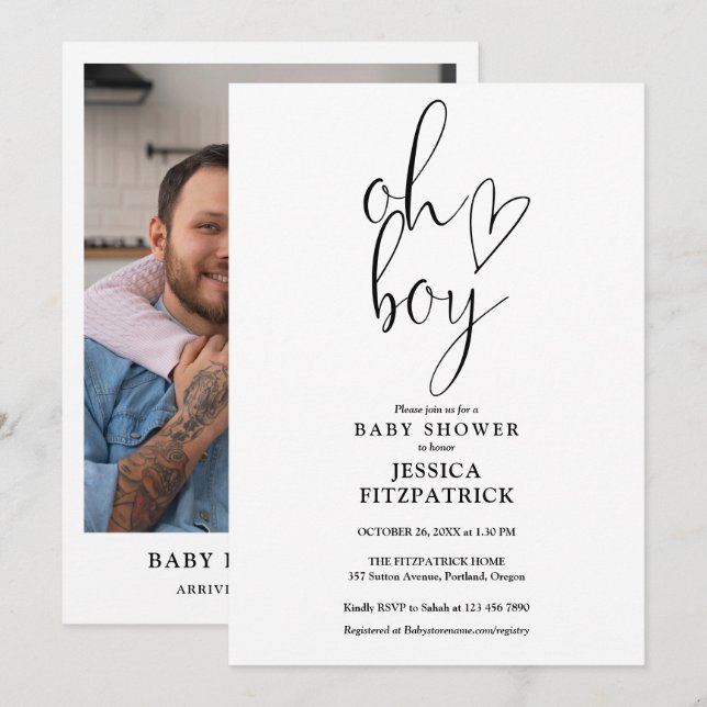 Invitation Oh Boy Cute Heart Script Baby shower photo (Devant / Derrière)