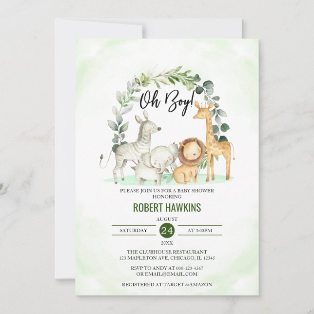 Invitation Oh Boy Cute Jungle Safari Animaux Baby shower (Devant)