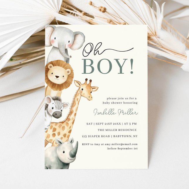Invitation Oh Boy Cute Safari Animal Green Baby shower Garçon (Oh Boy Cute Safari Animal Greenery Boy Baby Shower Invitation)