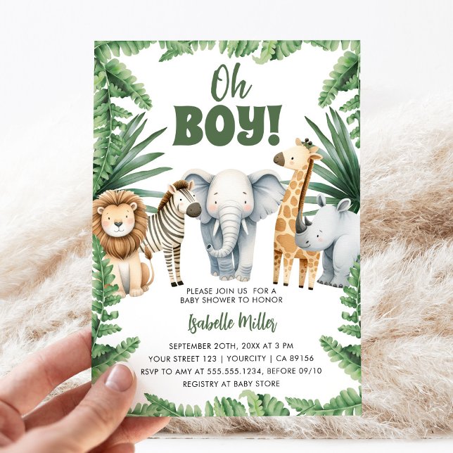 Invitation Oh Boy Cute Safari Animal Green Baby shower Garçon (Créateur téléchargé)