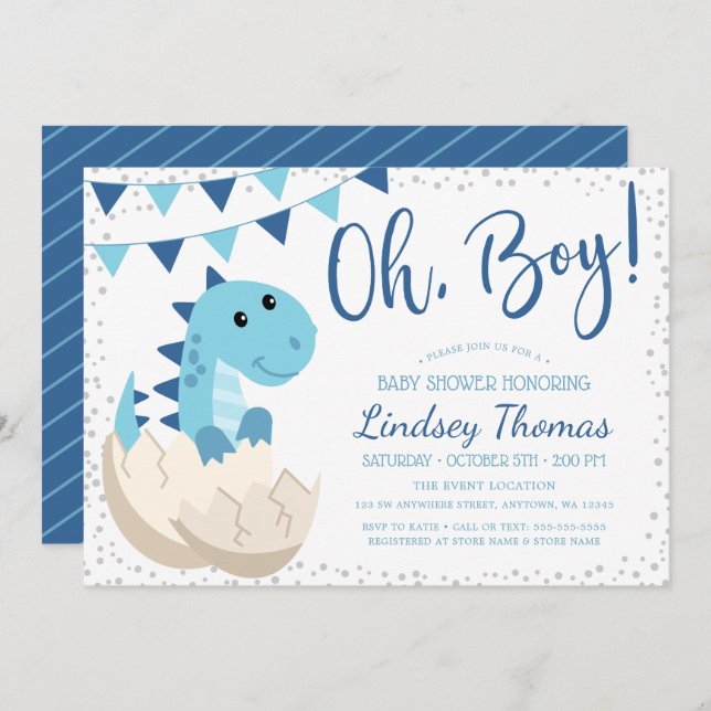Invitation Oh Boy Dinosaur Baby shower bleu marine (Devant / Derrière)