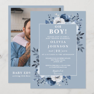 Invitation Oh Boy Dusty Blue Floral Photo QR Baby shower