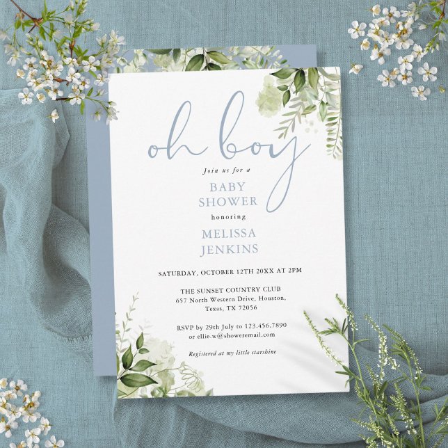 Invitation Oh Boy Dusty Blue Greenery Baby Shower (Oh Boy Dusty Blue Greenery Baby Shower Invitation)