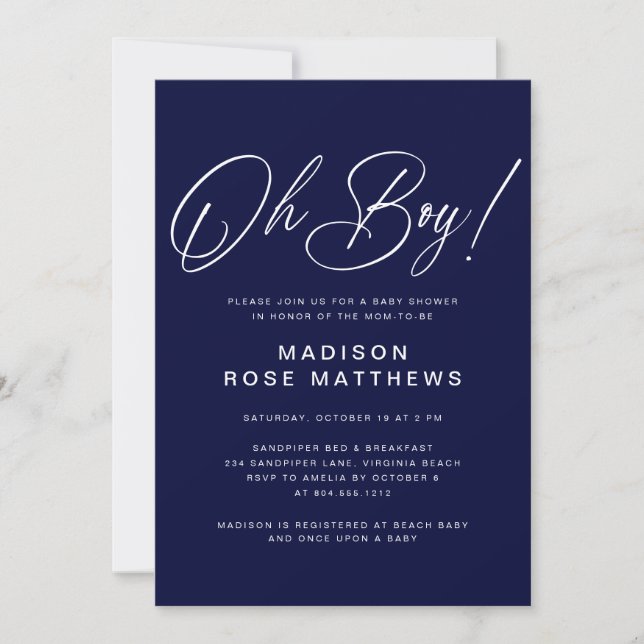 Invitation Oh Boy écriture moderne bleu marine Baby Shower  (Devant)