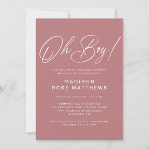 Invitation Oh Boy écriture moderne Dusty Rose Baby Shower