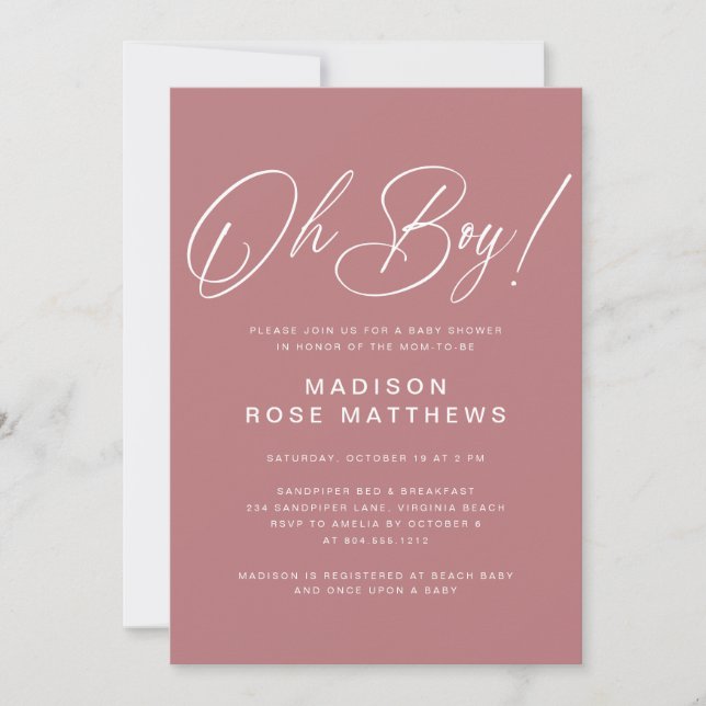 Invitation Oh Boy écriture moderne Dusty Rose Baby Shower  (Devant)