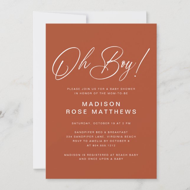 Invitation Oh Boy écriture moderne rouille Baby Shower   (Devant)