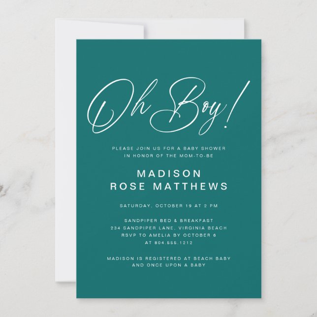 Invitation Oh Boy écriture moderne sarcelle  Baby Shower   (Devant)