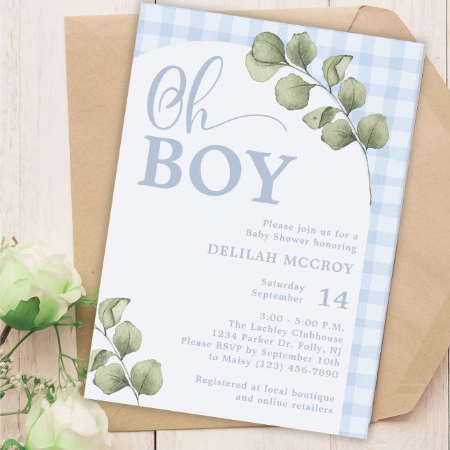 Invitation Oh Boy En vichy bleu et Baby shower verdoyant (Créateur téléchargé)