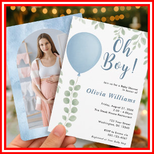 Invitation Oh Boy Eucalyptus Ballon Bleu PHOTO Baby Shower
