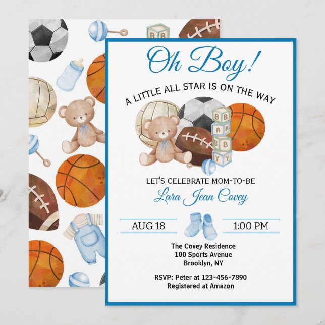 Invitation Oh Boy Fête de Bébé Sport Toutes Étoiles  (Devant / Derrière)