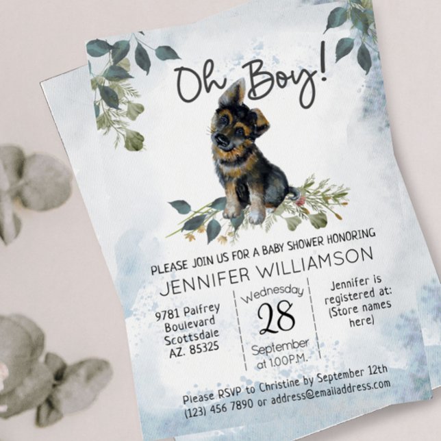 Invitation Oh Boy ! Fête de Naissance Garçon Aquarelle Chien  (Oh Boy! Dog boy baby shower. German Shepherd Puppy.)