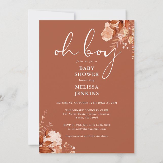 Invitation Oh Boy Floral Rustique Baby Shower Automne (Devant)