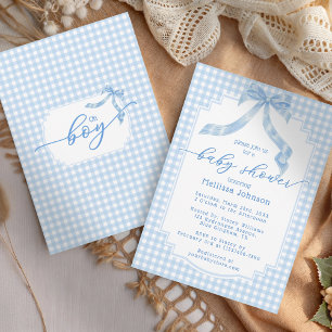 Invitation Oh Boy Gingham Carreaux Bleu Clair Baby Shower