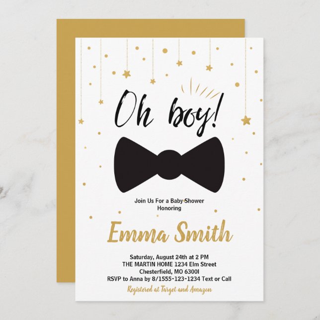Invitation Oh Boy Gold Stars Bow cravate Baby shower (Devant / Derrière)