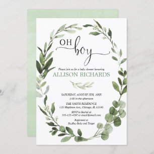Invitation Oh Boy Greenery baby shower de feuillage eucalyptu