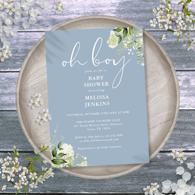 Invitation Oh Boy Greenery Dusty Baby shower bleu (Oh Boy Greenery Dusty Blue Baby Shower Invitation)