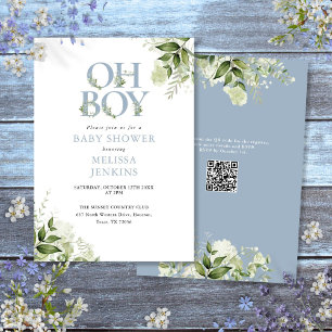 Invitation Oh Boy Greenery Dusty Blue QR Code Baby shower