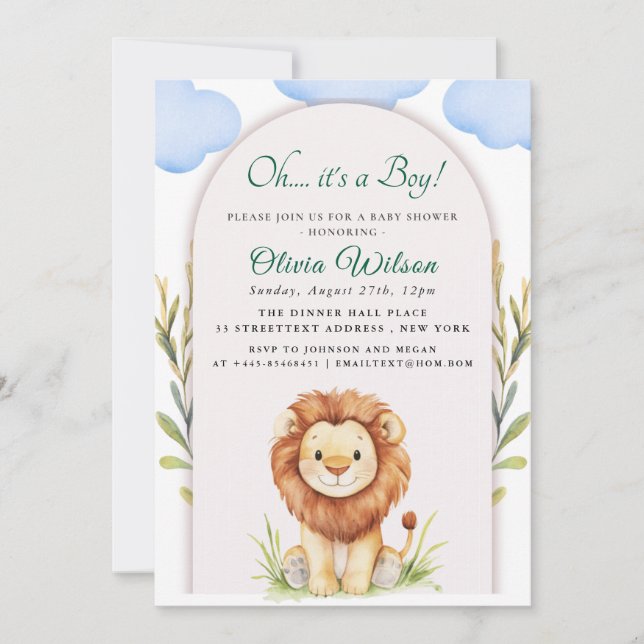 Invitation “Oh Boy!” Greenery Lion Baby Shower (Devant)