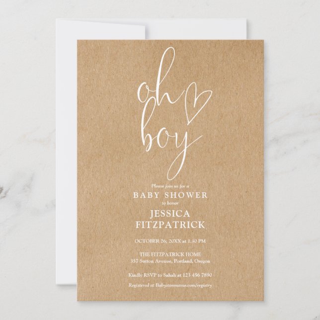 Invitation Oh Boy Heart Rustique Kraft Tout En Un Baby Shower (Devant)