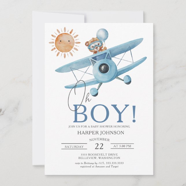 Invitation Oh Boy Jungle Baby shower d'avion Safari (Devant)