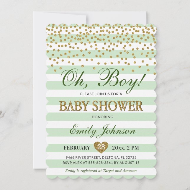 Invitation Oh Boy Light Vert Khaki Gold Confetti Baby shower (Devant)