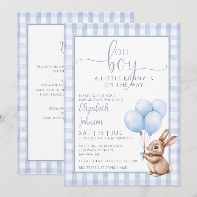 Invitation Oh Boy Little Bunny Blue Baby Shower All In One (Devant / Derrière)