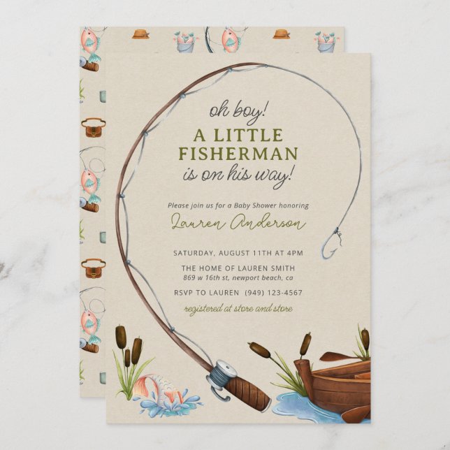 Invitation Oh Boy Little Fisherman Baby shower d'aquarelle (Devant / Derrière)