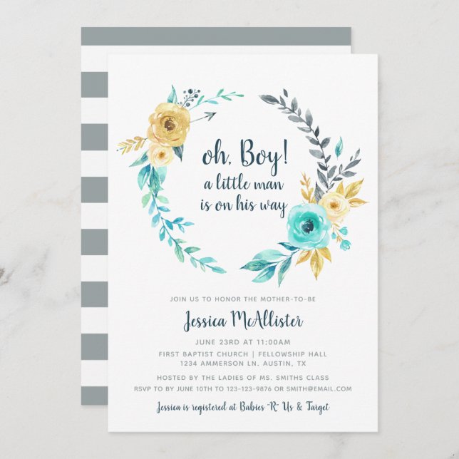 Invitation oh Boy Little Man Baby shower Turquoise Gold Invit (Devant / Derrière)