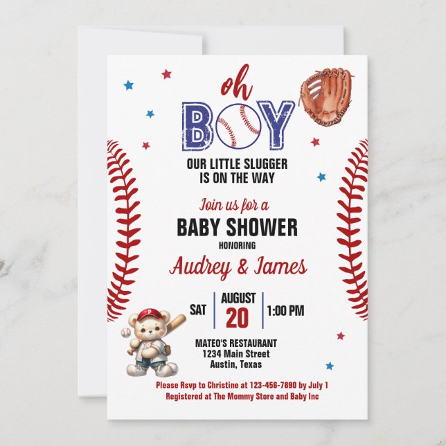 Invitation Oh Boy Little Slugger Baseball Thème Baby shower (Devant)
