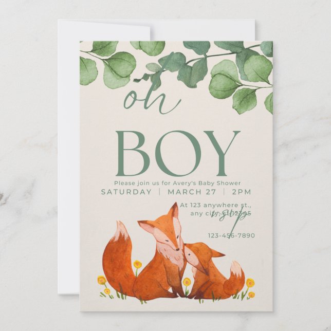 Invitation Oh boy mignon Safar rose baby shower fox floral (Devant)