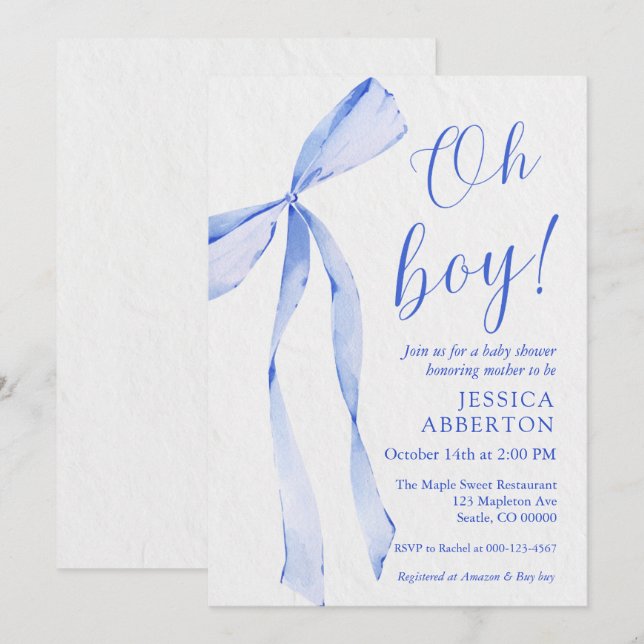 Invitation Oh boy! Modern Blue bow baby shower (Devant / Derrière)