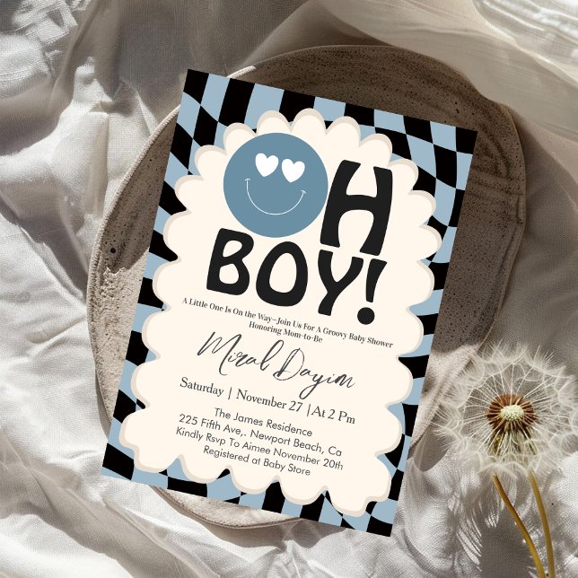 Invitation Oh Boy! Modern Groovy Blue Happy Face Baby Shower (Créateur téléchargé)