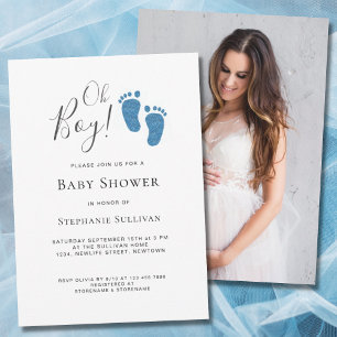 Invitation Oh Boy Modern Photo Baby shower bleu