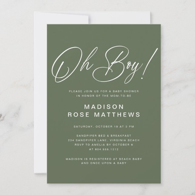 Invitation Oh Boy Modern Script Sage Olive Baby Shower   (Devant)
