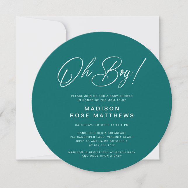 Invitation Oh Boy Moderne Rond  Écriture Turquoise  Baby Show (Devant)