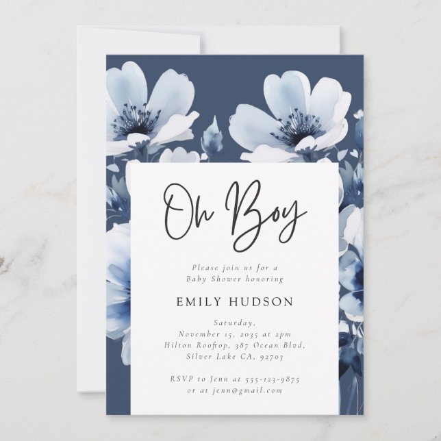 Invitation Oh Boy Navy Blue Floral Baby shower (Devant)
