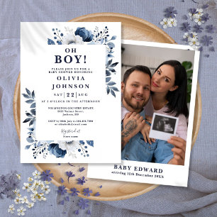 Invitation Oh Boy Navy Blue Floral Baby shower photo