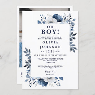 Invitation Oh Boy Navy Blue Floral Photo QR Baby shower