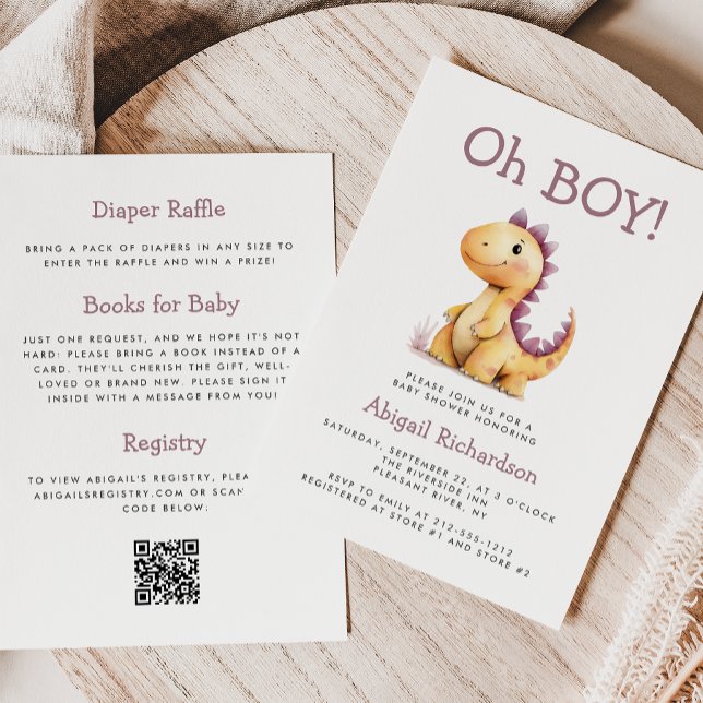 Invitation Oh Boy Orange Purple Dinosaur QR Code Baby shower (Créateur téléchargé)