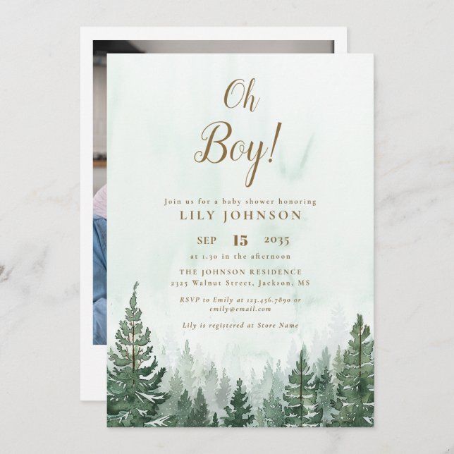 Invitation Oh Boy Pine Tree Forest Baby shower Photo (Devant / Derrière)