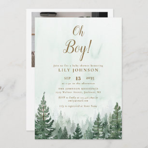 Invitation Oh Boy Pine Tree Forest Baby shower Photo QR Code
